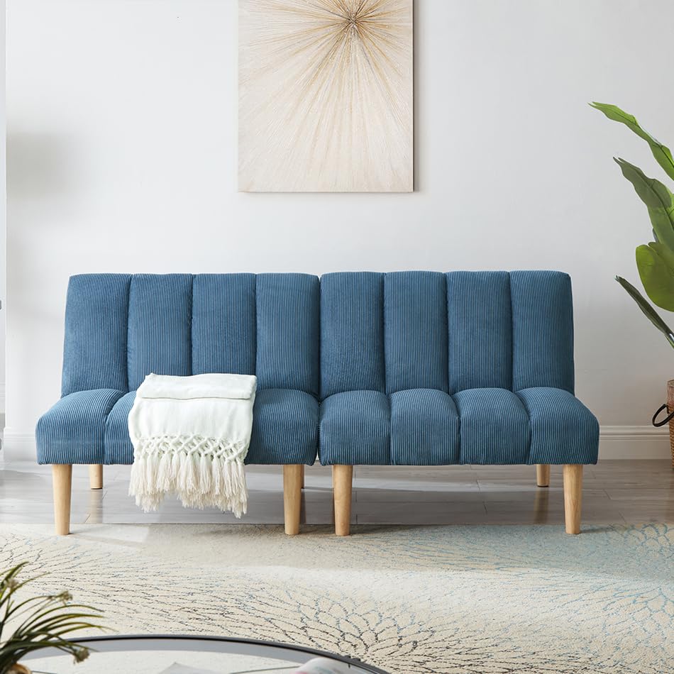 Majnesvon Modern Loveseat Sofa Couch Convertible Folding Sleeper Bed Couches,Corduroy Fabric Small Love Seat with 3 Adjustable Backrests, Mini Sofa Couches for Small Space,Living Room Bedroom (Blue)