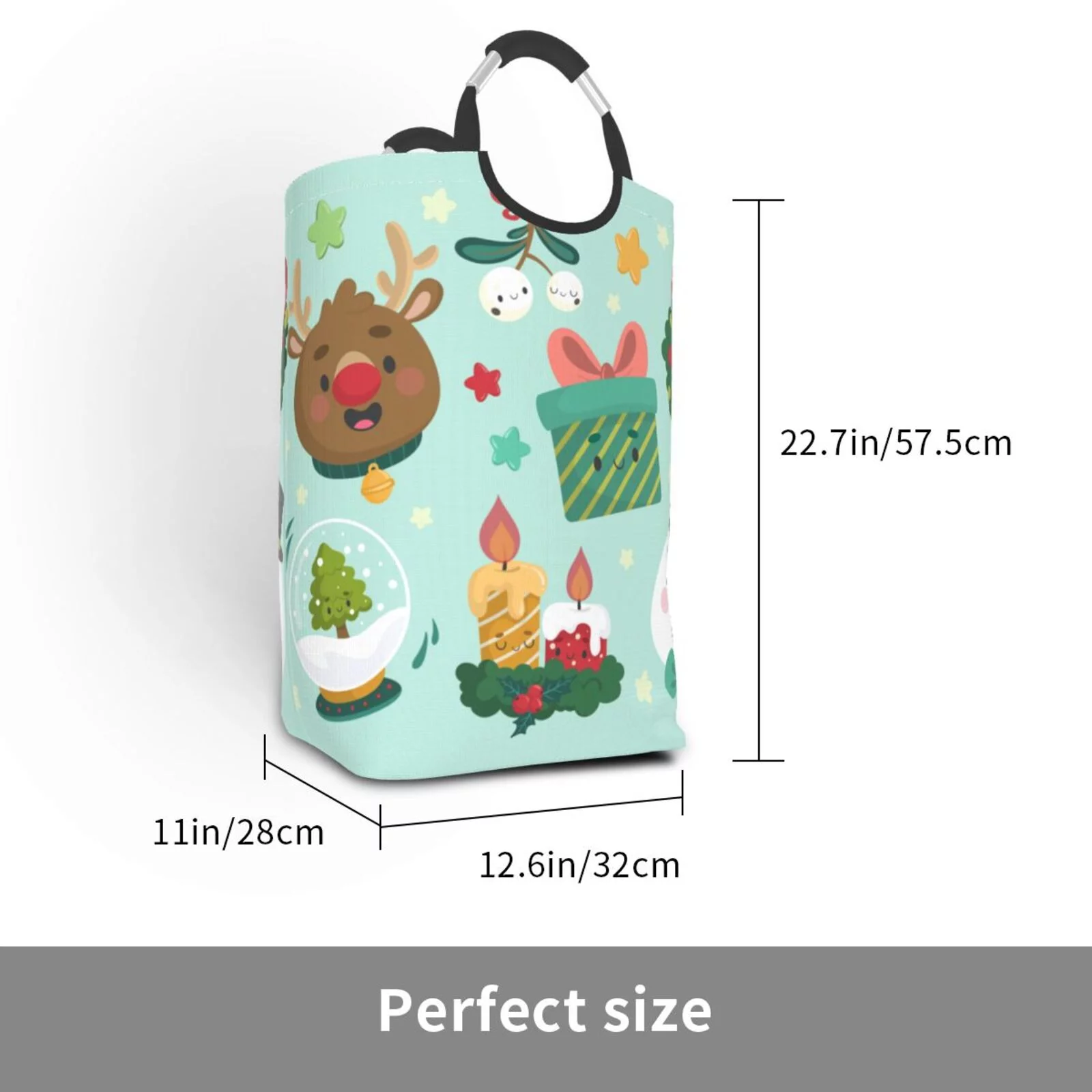 XMXT Collapsible Laundry Basket Hamper, Christmas Snowman Elk Cartoon Print Large Laundry Bag Clothes Hamper with Aluminum Handle, 50L