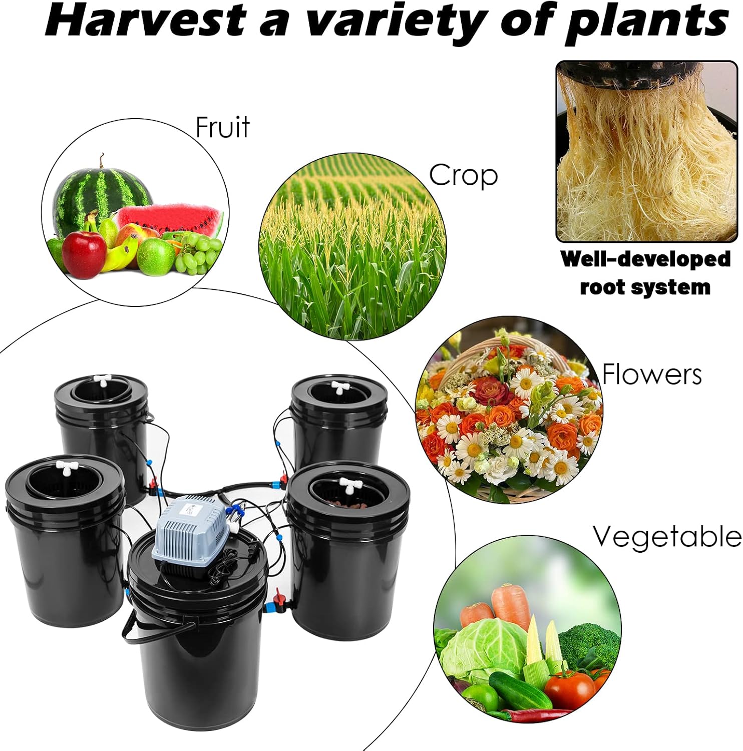 Hydroponics Growing System 5 Gallon DWC Hydroponic Bucket Kit Multi Barrel Hydroponic Machine Drip Irrigation System for Vegetables (4 Bucket + Reservoir Kit)