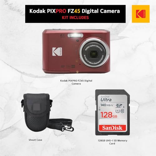 Kodak PIXPRO FZ45 Digital Camera + Point & Shoot Camera Case + Sandisk 128GB SDXC Memory Card