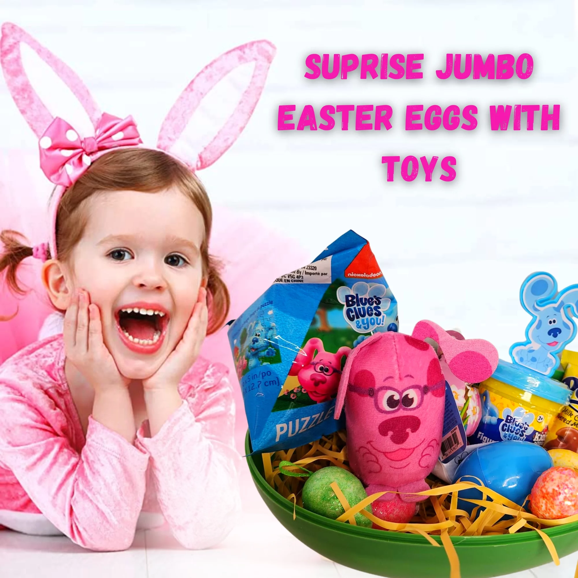 Happy Easter Basket Pre-Filled Surprise Jumbo Egg with Blue's Clues Magenta Plush Toy Kiddy Dough Figure Eggs Candies Gift & Reusable Plastic Egg-Shaped Container Spring Party (Contents May Vary)