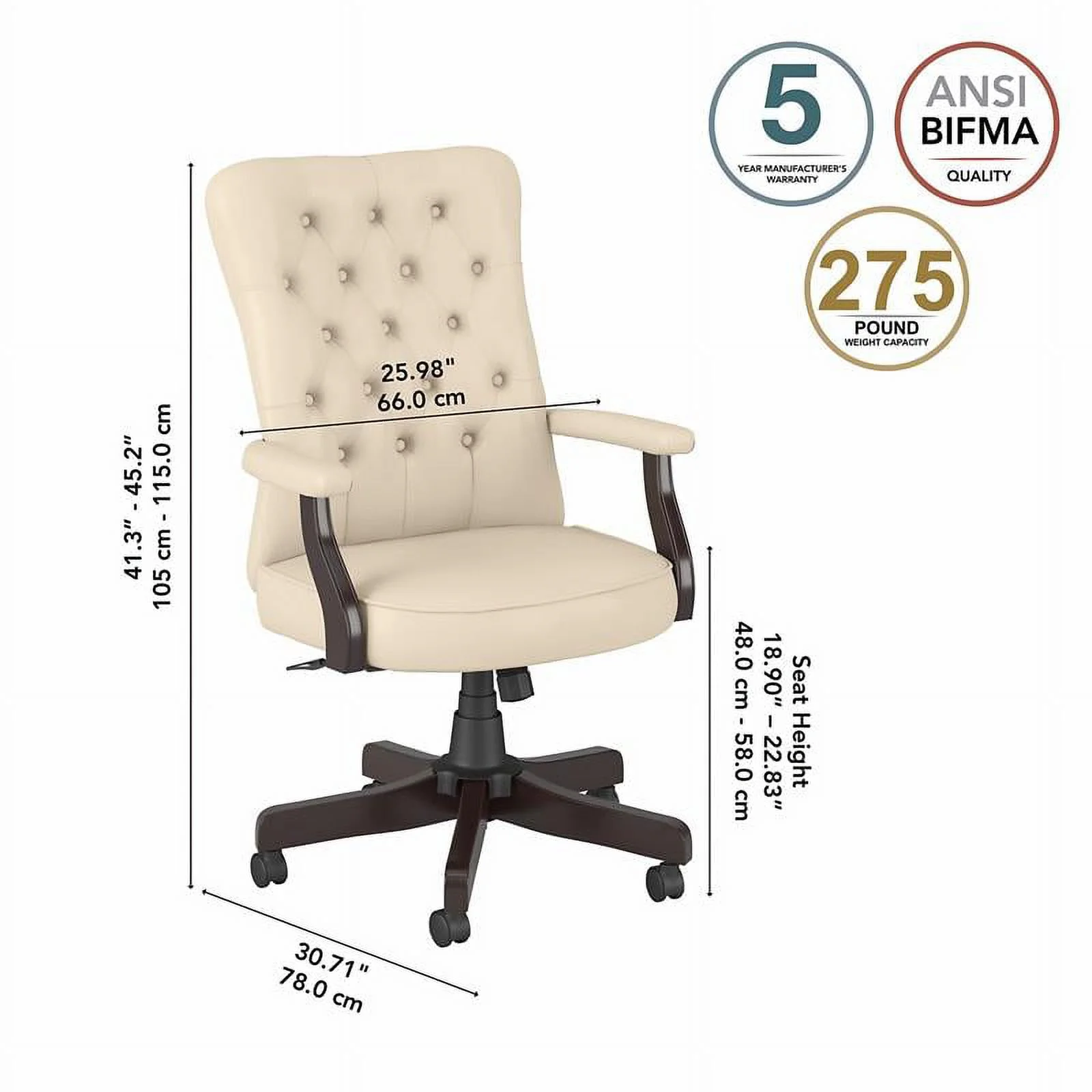 Pemberly Row High Back Faux Leather Office Chair with Arms in Antique White