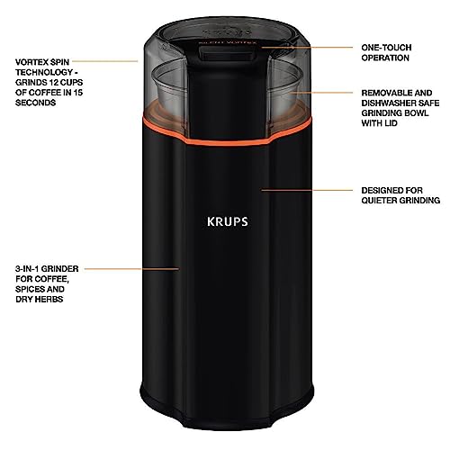 Krups Coffee Grinder, Fast-Touch, 3oz, 85g bean hopper - Easy to Use, One Touch Operation - 200 Watts - Espresso Grinder, Spice Grinder, 2 to 12 cup Coffee Bean Grinder, Silver