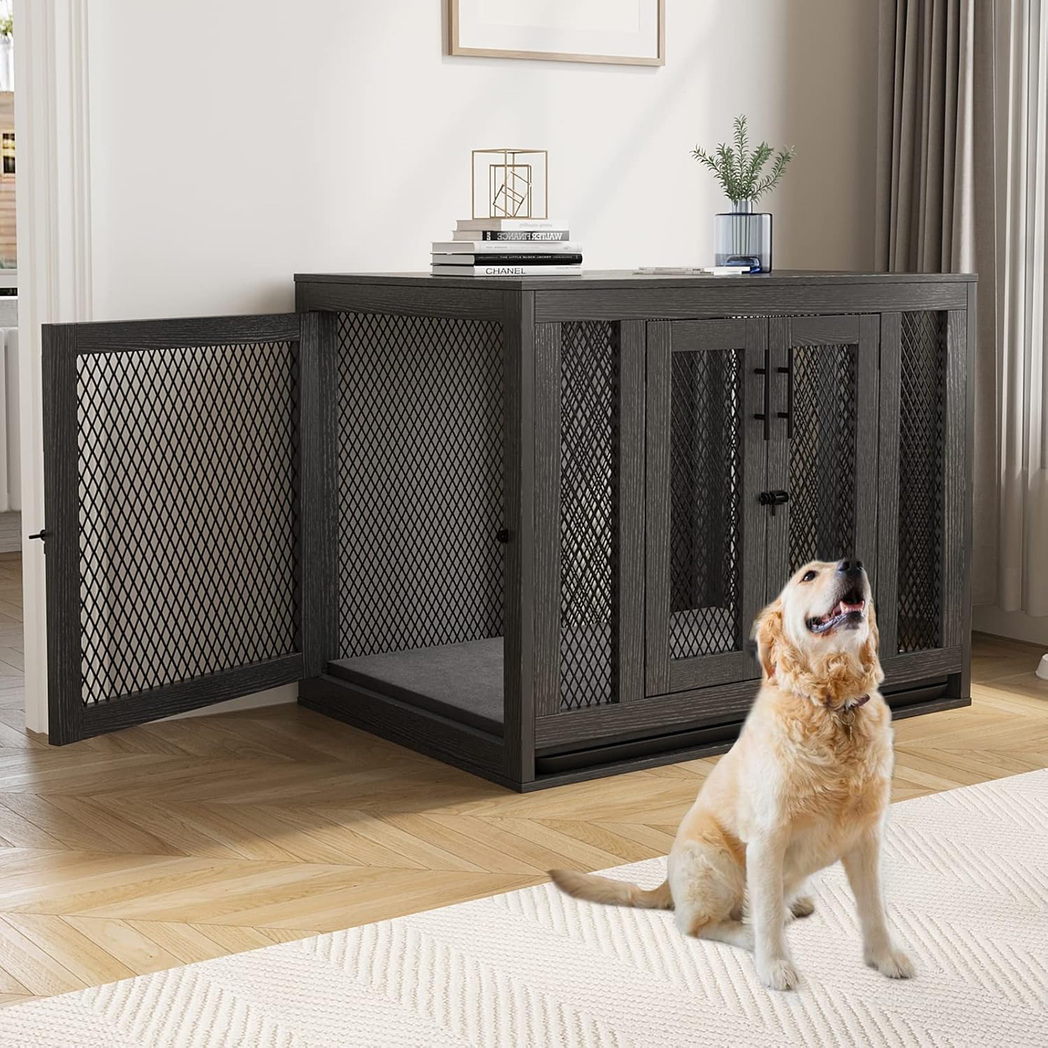 Furniture Style Dog Crate with Tray and Cushion, Double Doors Wooden Dog Kennel End Table, Decorative Pet Crate House Cage Indoor for Small Medium Dogs