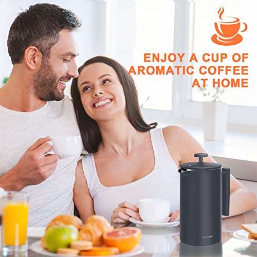 Secura French Press Coffee Maker, 304 Grade Stainless Steel Insulated Coffee Press with 2 Extra Screens, 34oz (1 Litre), Silver