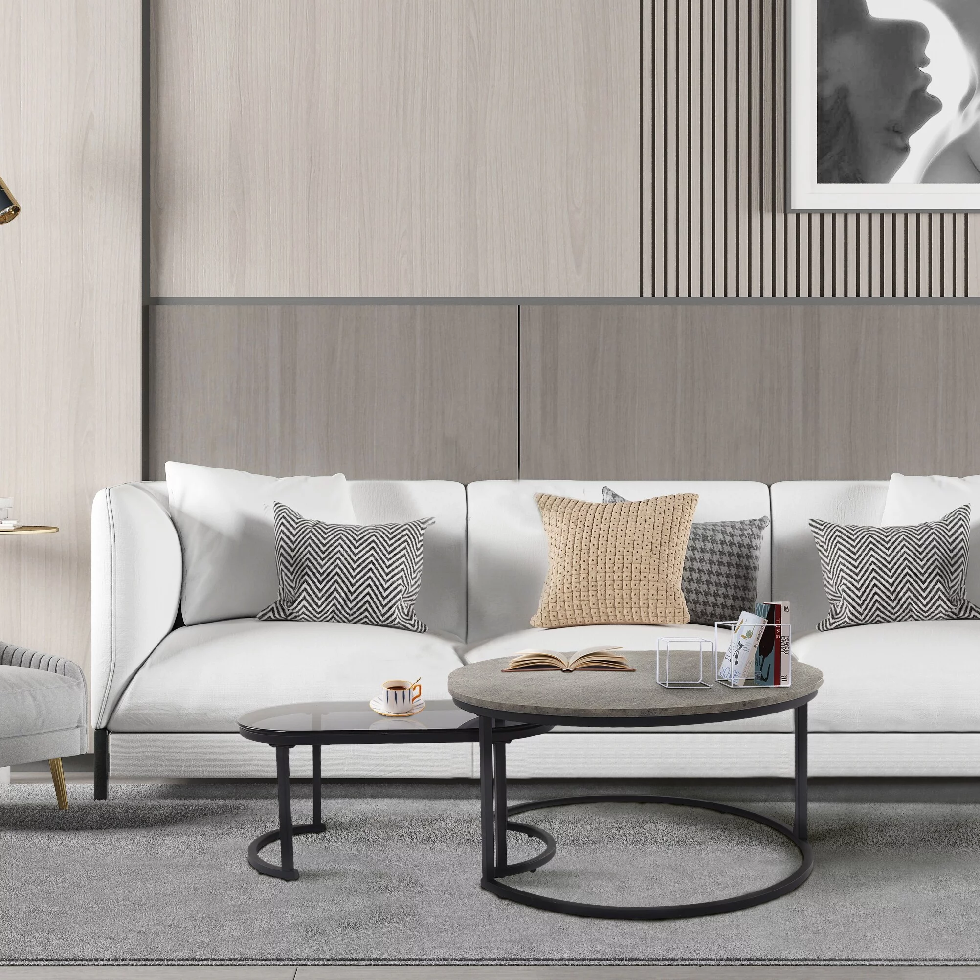 2 Pieces Modern Glass / MDF Nesting Table Set for Living Room, Gray and Black