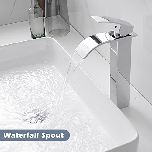 BWE Vessel Sink Faucet Modern Waterfall Chrome Single Hole Bathroom Faucet Single Handle with Pop up Drain Without Overflow Assembly Vanity Basin Bath Sink Faucets Mixer Tap