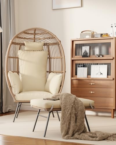 Oversize 360°Swivel Egg Chair Patio Rotating Rattan Egg Basket Lounge Chair, Wicker Egg-Shaped Chair w/Steel Frame Stand and 4 Cushions for Patio, Porch, Backyard, Living Room, Black