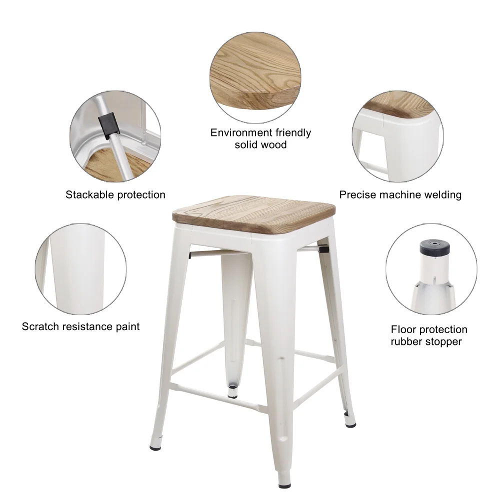 Leejay White 24 inch Counter Height Metal Barstools with Light Wood Seat, Set of 6