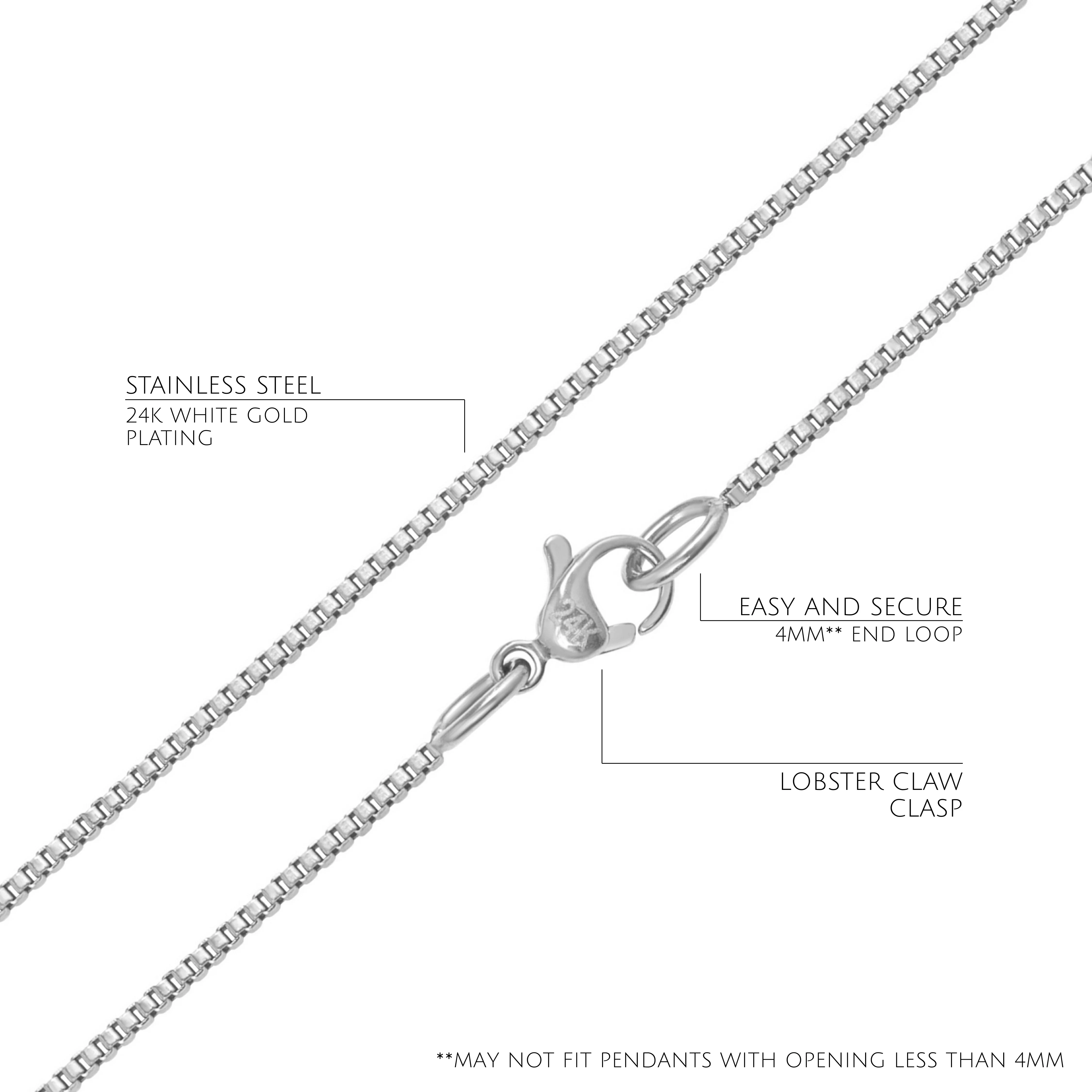 KISPER 24k White Gold Over Stainless Steel 1.2mm Box Chain Necklace, 24 inch