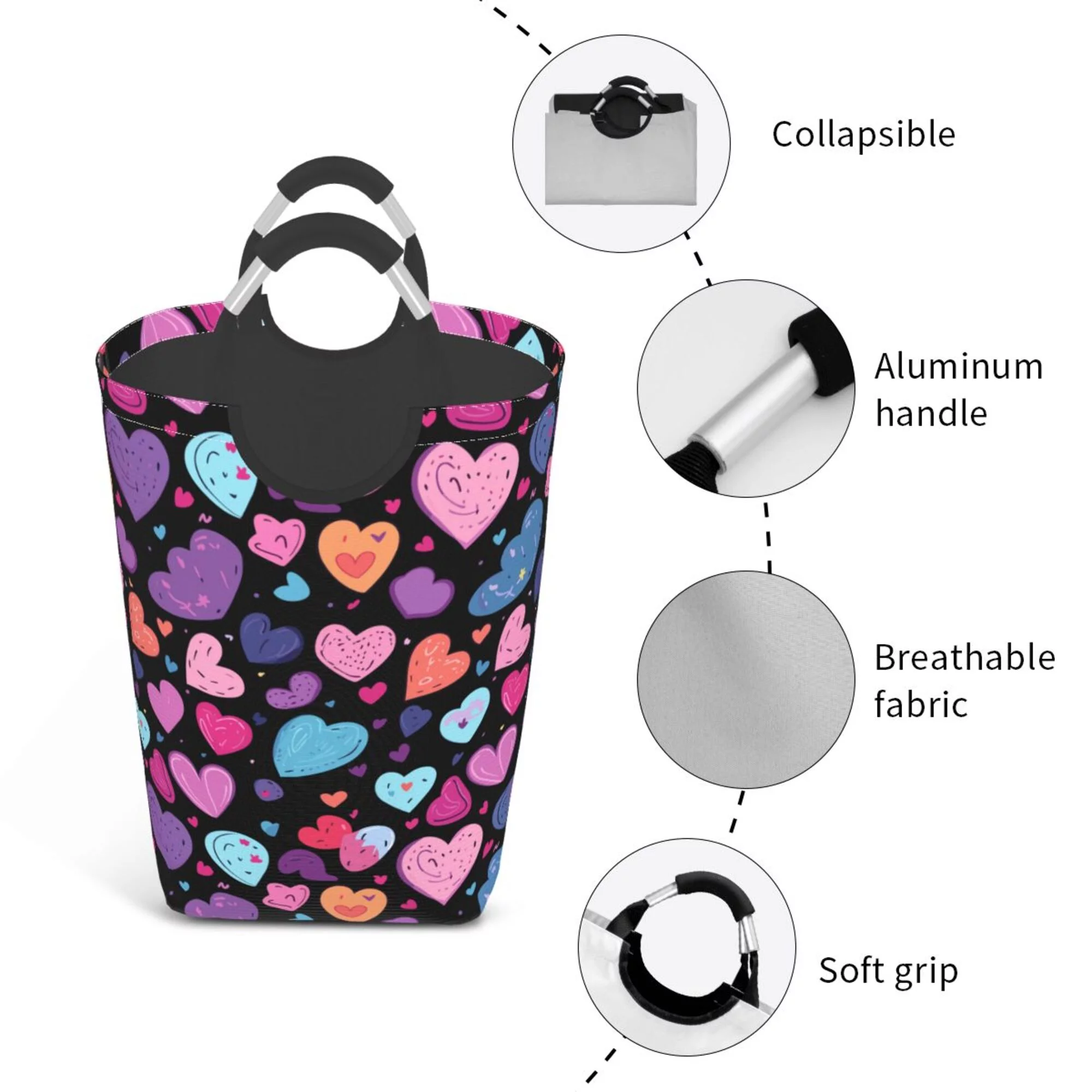 TEQUAN 50L Large Rectangular Laundry Hamper with Aluminum Handles, Valentine Purple Hearts Love Prints Waterproof Foldable Dirty Clothes Basket