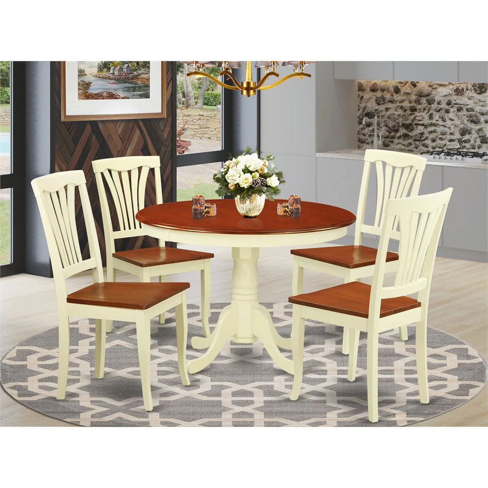 Pemberly Row 5-piece Dining Set with Wood Seat in Cherry