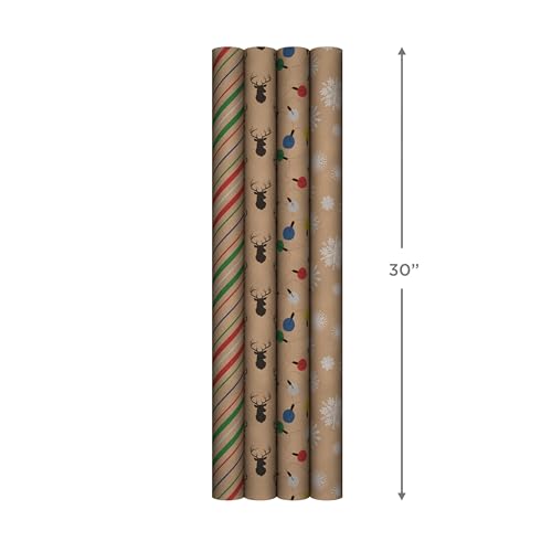 Hallmark Christmas Wrapping Paper Bundle with Cut Lines on Reverse, Kraft (Pack of 4, 88 sq. ft. ttl) Red Trucks, Snowflakes, Stripes, Merry Christmas (5JXW1038)