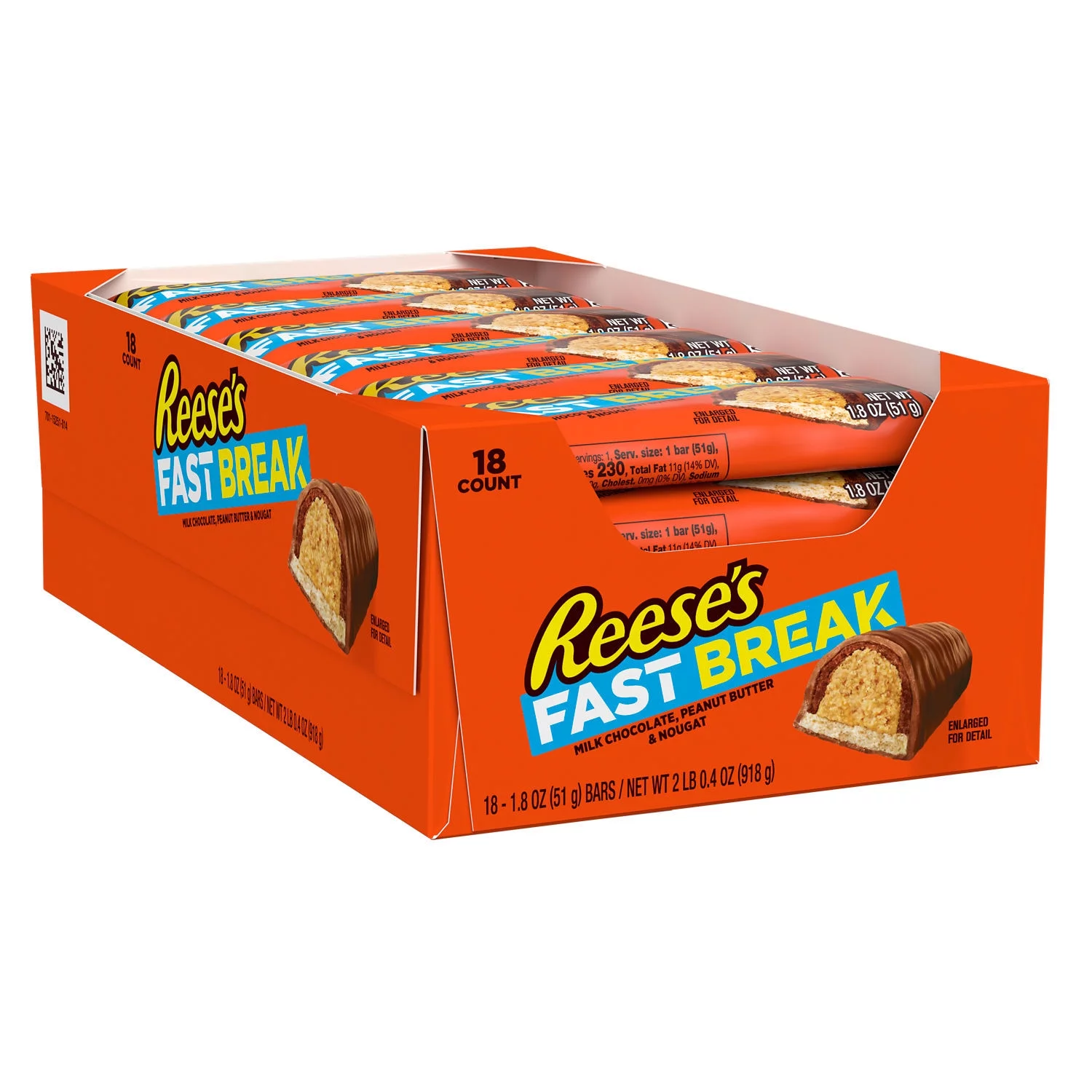 Reese's Fast Break Peanut Butter Nougat Candy, Bars 1.8 oz, 18 Count