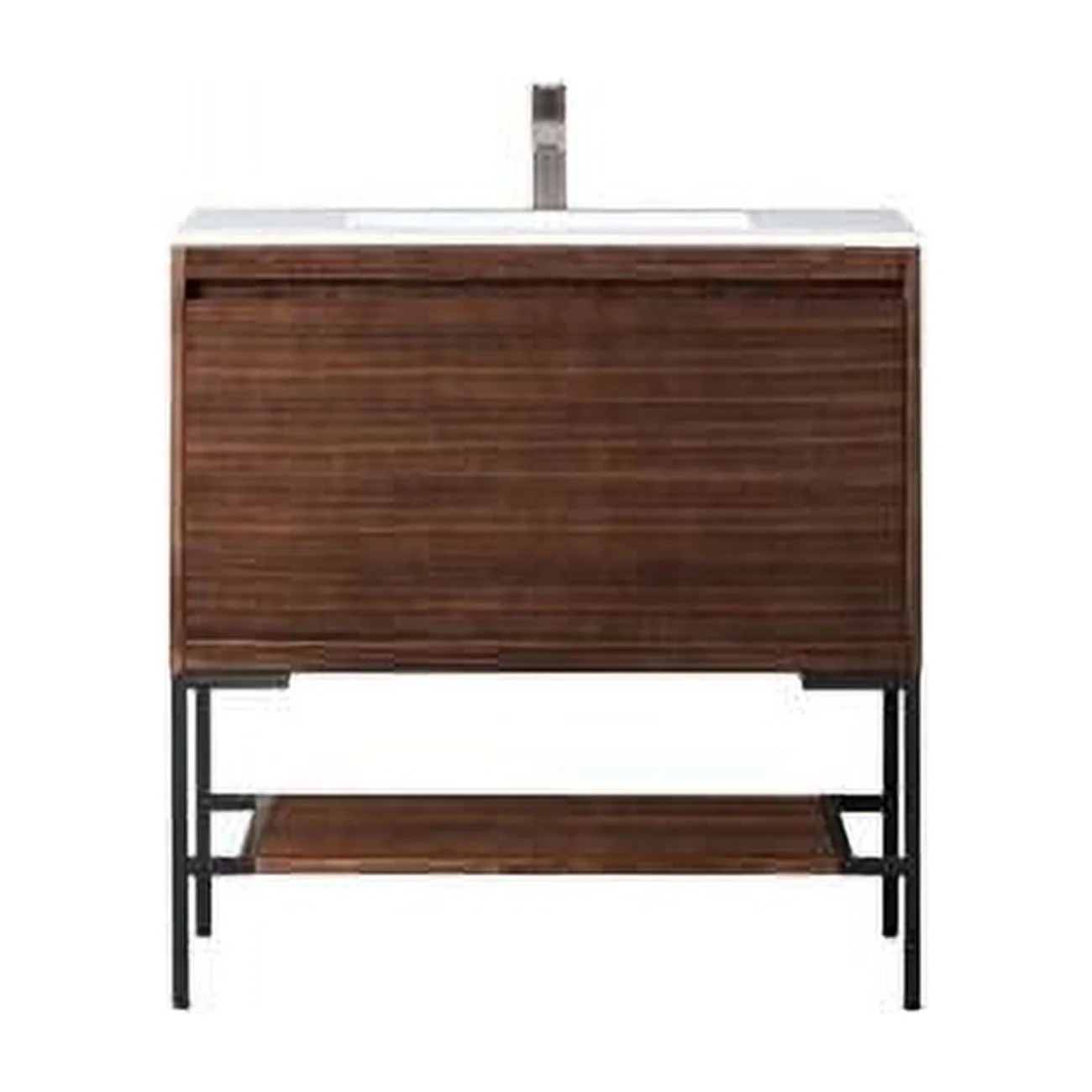 35.4 in. Milan Single Vanity Cabinet, Matte Black with Glossy White Composite Top, Mid Century Walnut