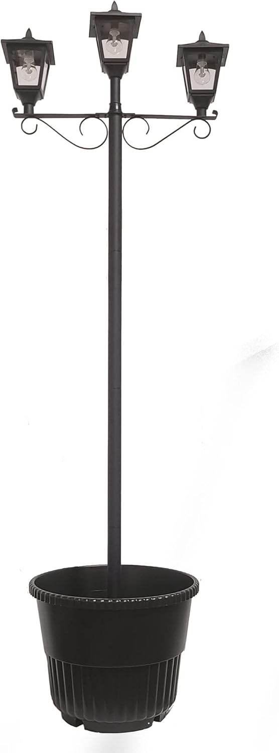 Triple Solar Lamp and Post Set with Round Planter Black Resin