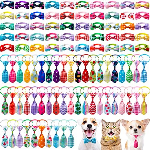 Reginary 100 Pieces Dog Bow Tie Collar Set Includes 50 Neckties and 50 Bow Ties Adjustable Cat Dog Bowties Neckties for Small Medium Puppy Cat Hawaii Summer Spring Style Grooming Accessories