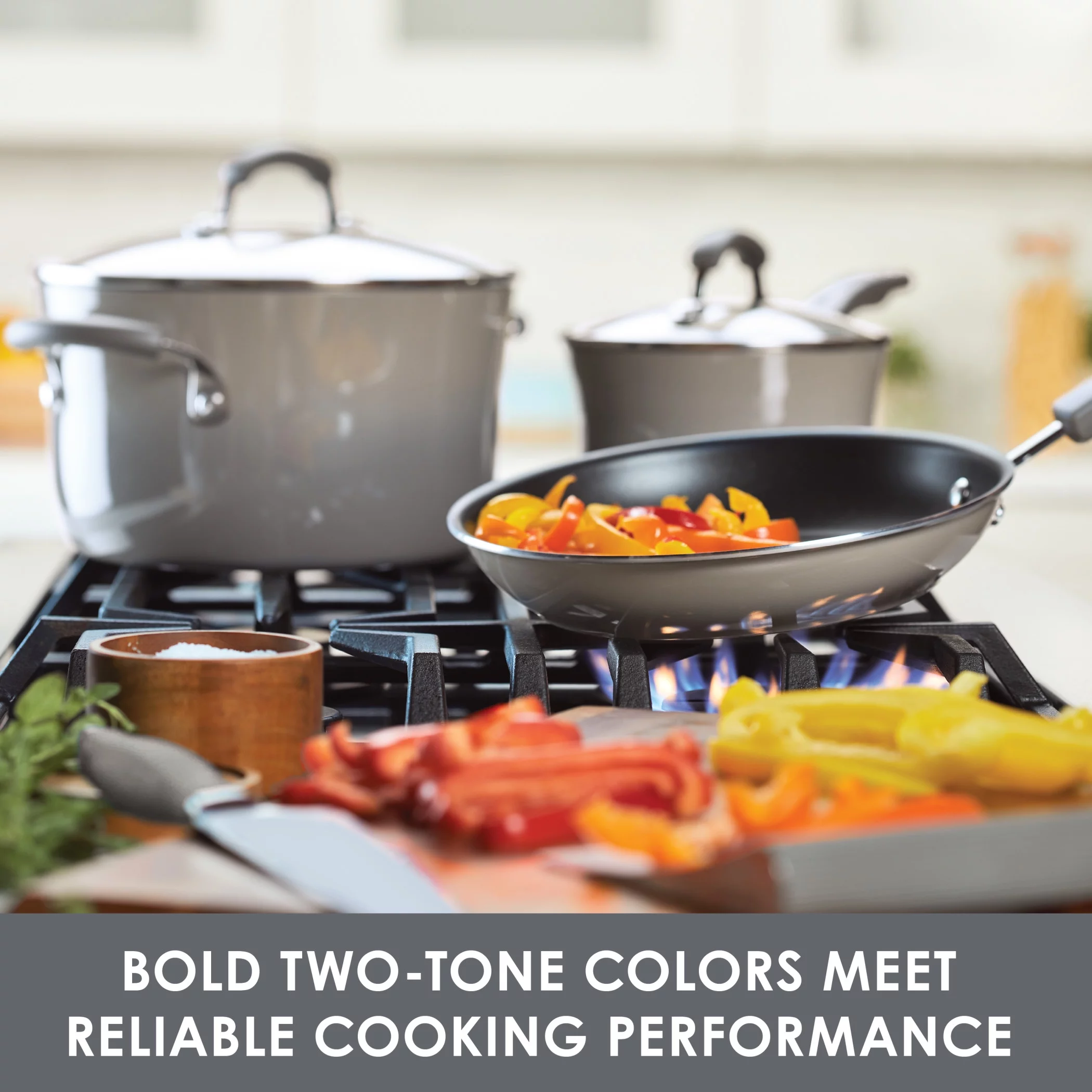 Rachael Ray Classic Brights 14 Piece Porcelain Nonstick Pots and Pans Set, Sea Salt Gray