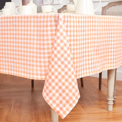 Solino Home Linen Gingham Tablecloth 60 x 132 Inch - 100% Pure Linen Checkered Marshmellow Pink Table Cloth for Rectangle Tables - Machine Washable Tablecloth for Halloween