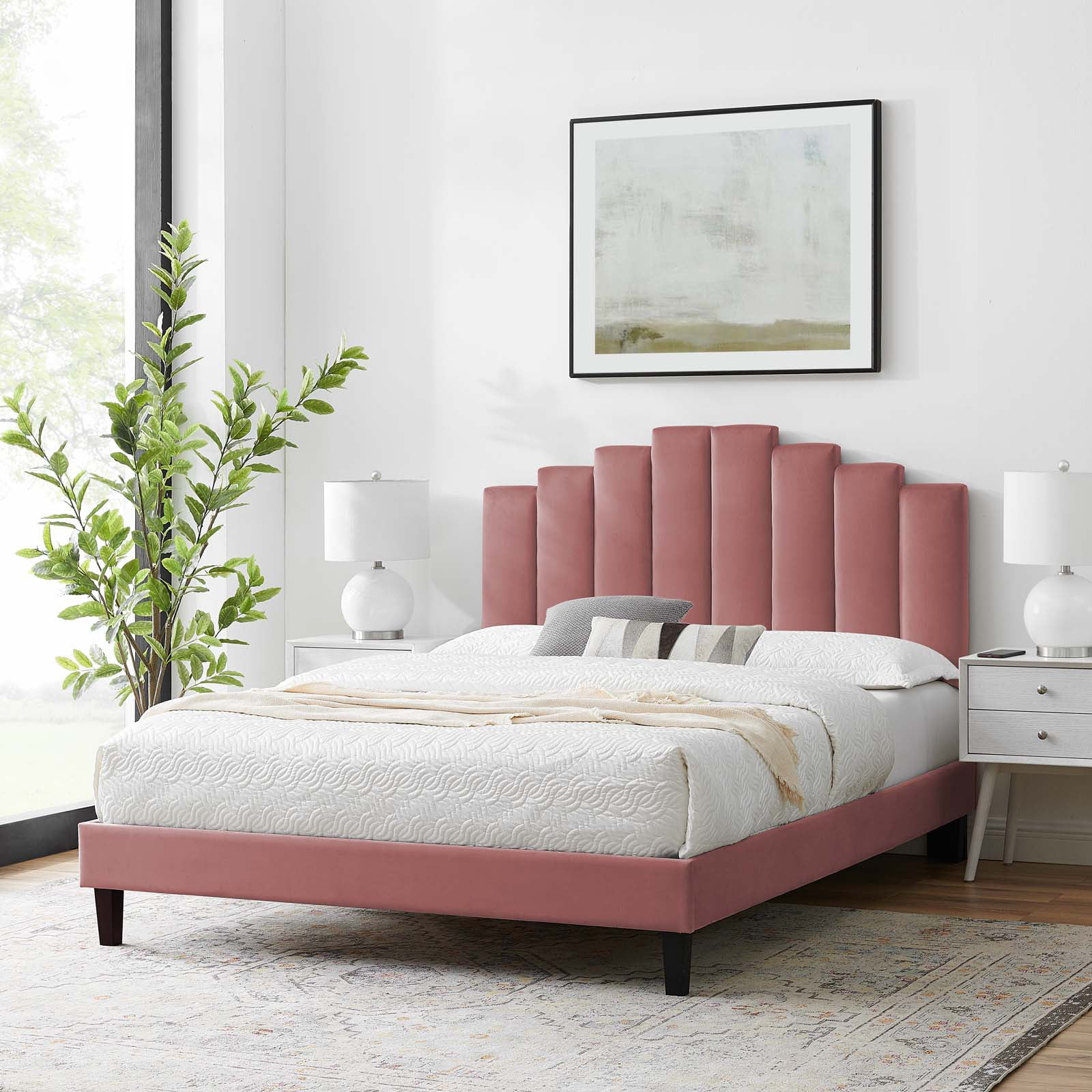 Platform Bed Frame, Queen Size, Velvet, Pink, Modern Contemporary Urban Design, Bedroom Master Guest Suite