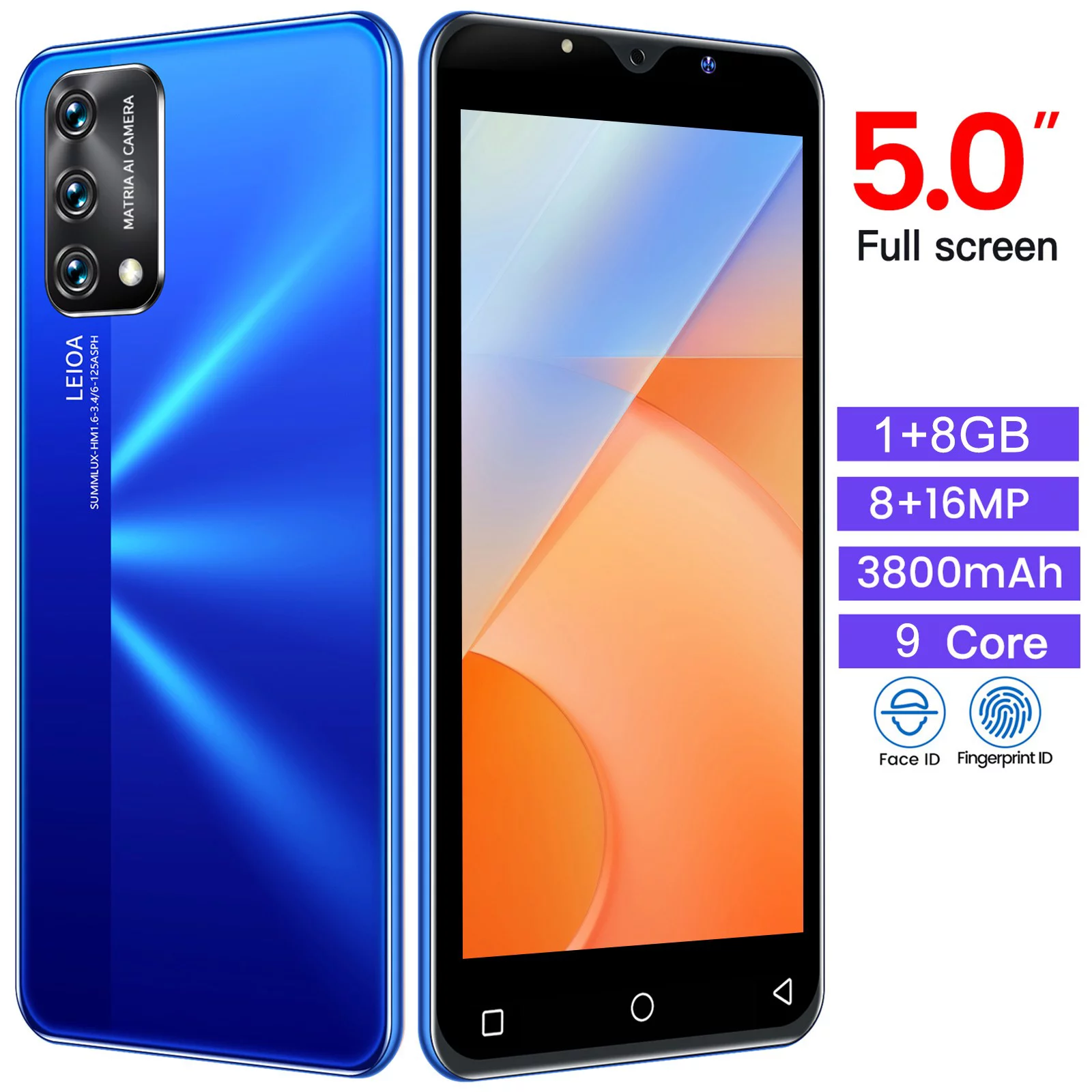 WANYNG Android6 1GB+8GB Unlocked Cell Phone Dual Sim 5in 3800mAh Unlocked Phone Face ID + Fingerprint GSM 3G Smartphones