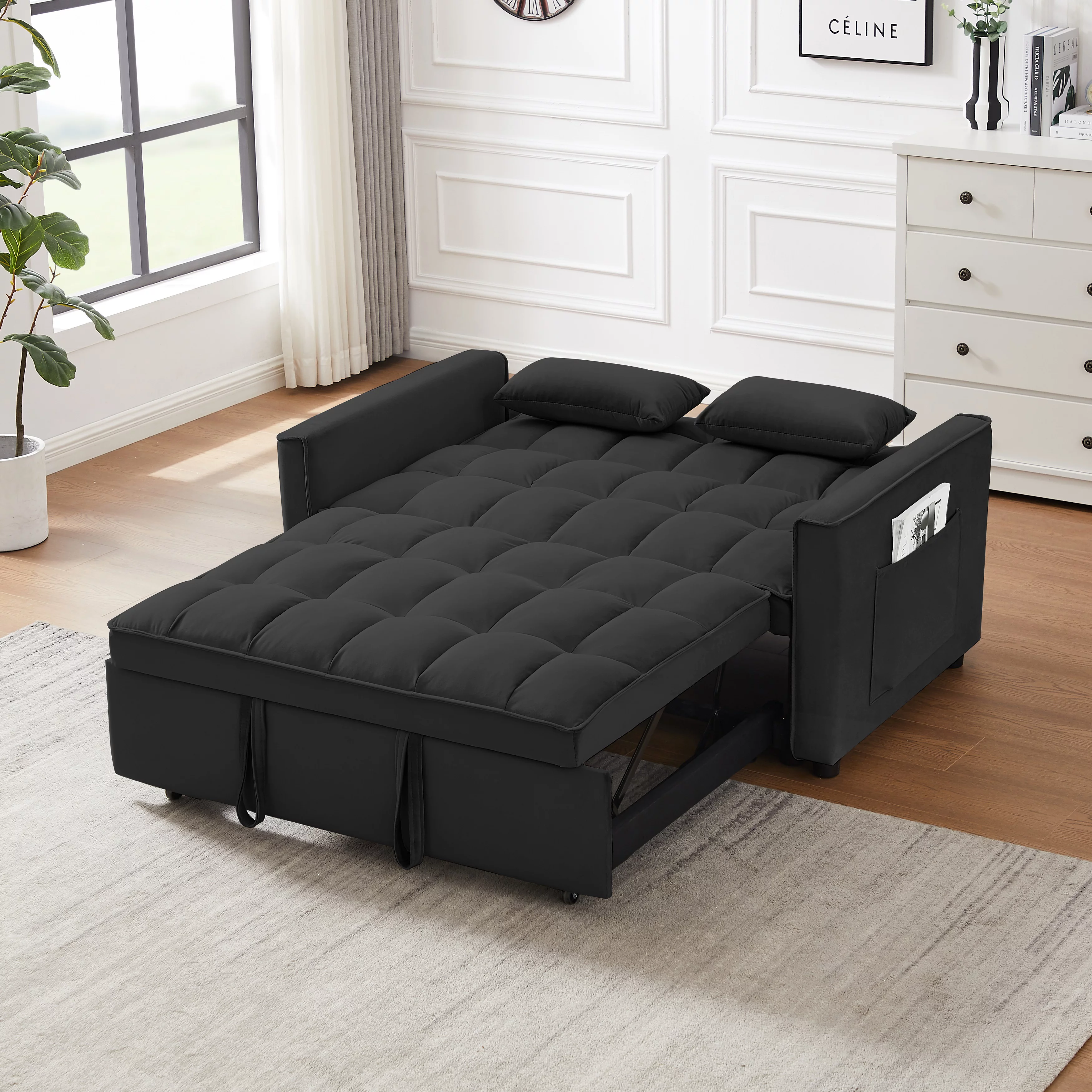 Hombay Modern Velvet Pull Out Convertible Sofa Bed, Upholstered Folding Sleeper Couch Loveseat with Reclining Backrest Pillows for Living Room Bedroom