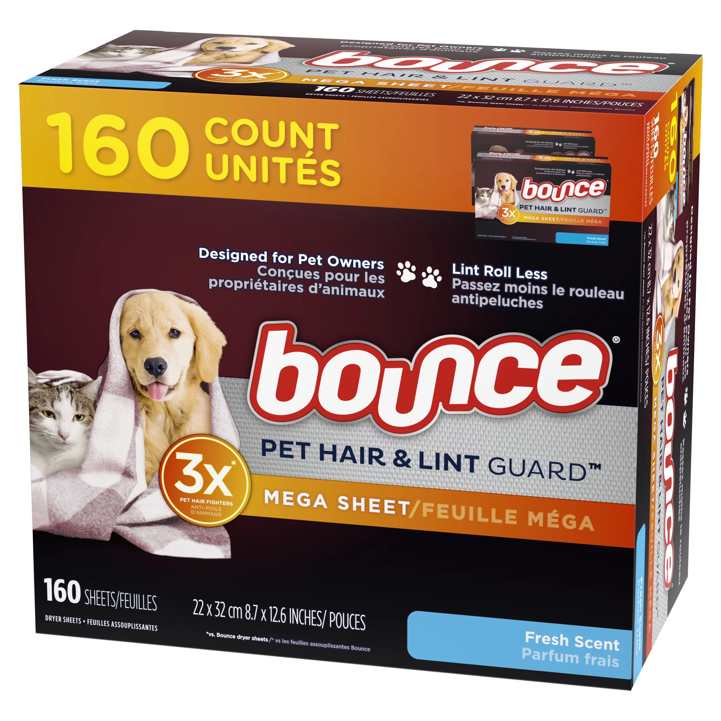 Bounce Pet Hair and Lint Guard Mega Dryer Sheets, Fresh Scent, 160 Ct