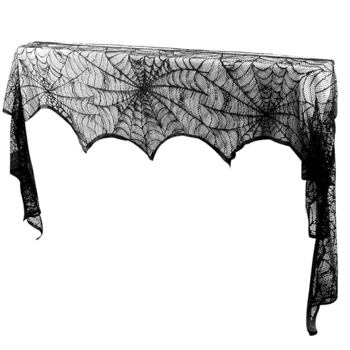 LNRXJCPVD Halloween Mantle Scarf 96x18 Inch Black Lace with Spider Web & Bat Design, Soft Anti-Crease Durable Fabric, 2-Piece Set for Fireplace Mantel, Haunted House, Party Decor