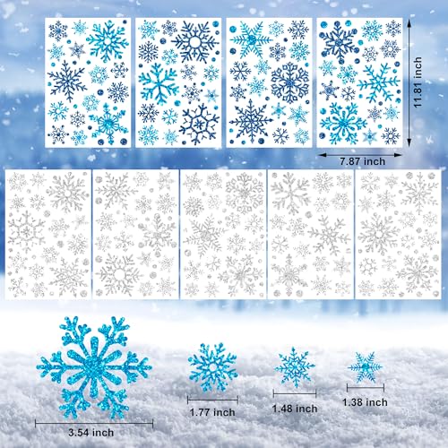 9 Sheets Glitter Snowflake Window Clings Christmas Window Decals Blue Silver Snowflake Windows Stickers Double-Sided Winter Windows Clings for Xmas Winter Holiday Wonderland Party Home Glass Decor
