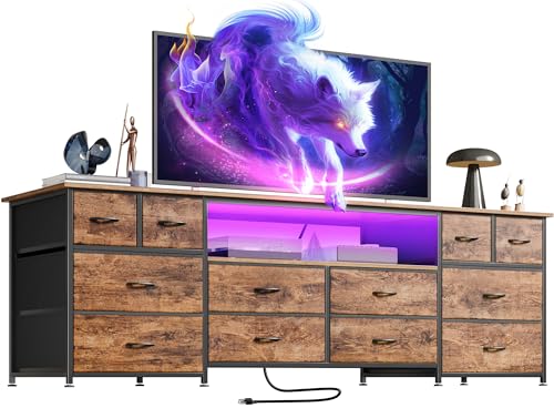 Huuger 63 Inch Dresser TV Stand with LED Lights, Power Outlets and USB-C Port, 12 Fabric Drawer Dresser for Bedroom, Wide Entertainment Center for 65, 70 Inch TV, Open Shelf, Black