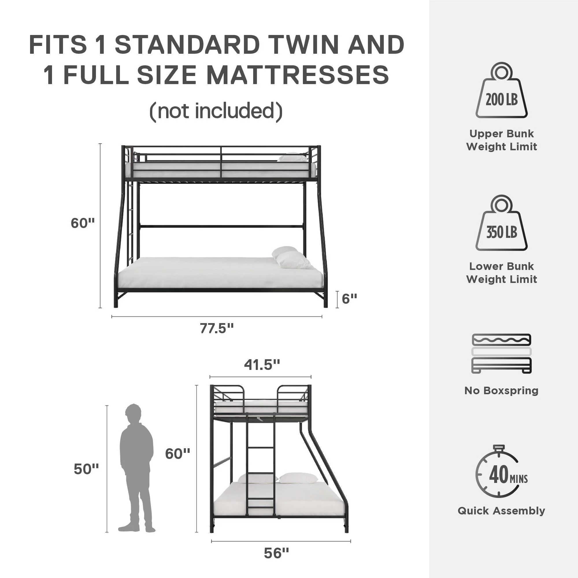 DHP Daven Easy Assembly Twin-over-Full Metal Bunk Bed, Black