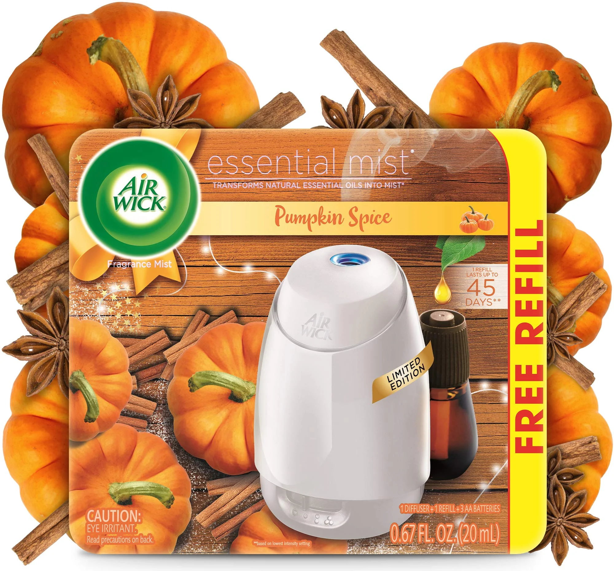 Air Wick Essential Mist Starter Kit (Diffuser + Refill), Pumpkin Spice, Fall Scent, Essential Oils Diffuser, Air Freshener