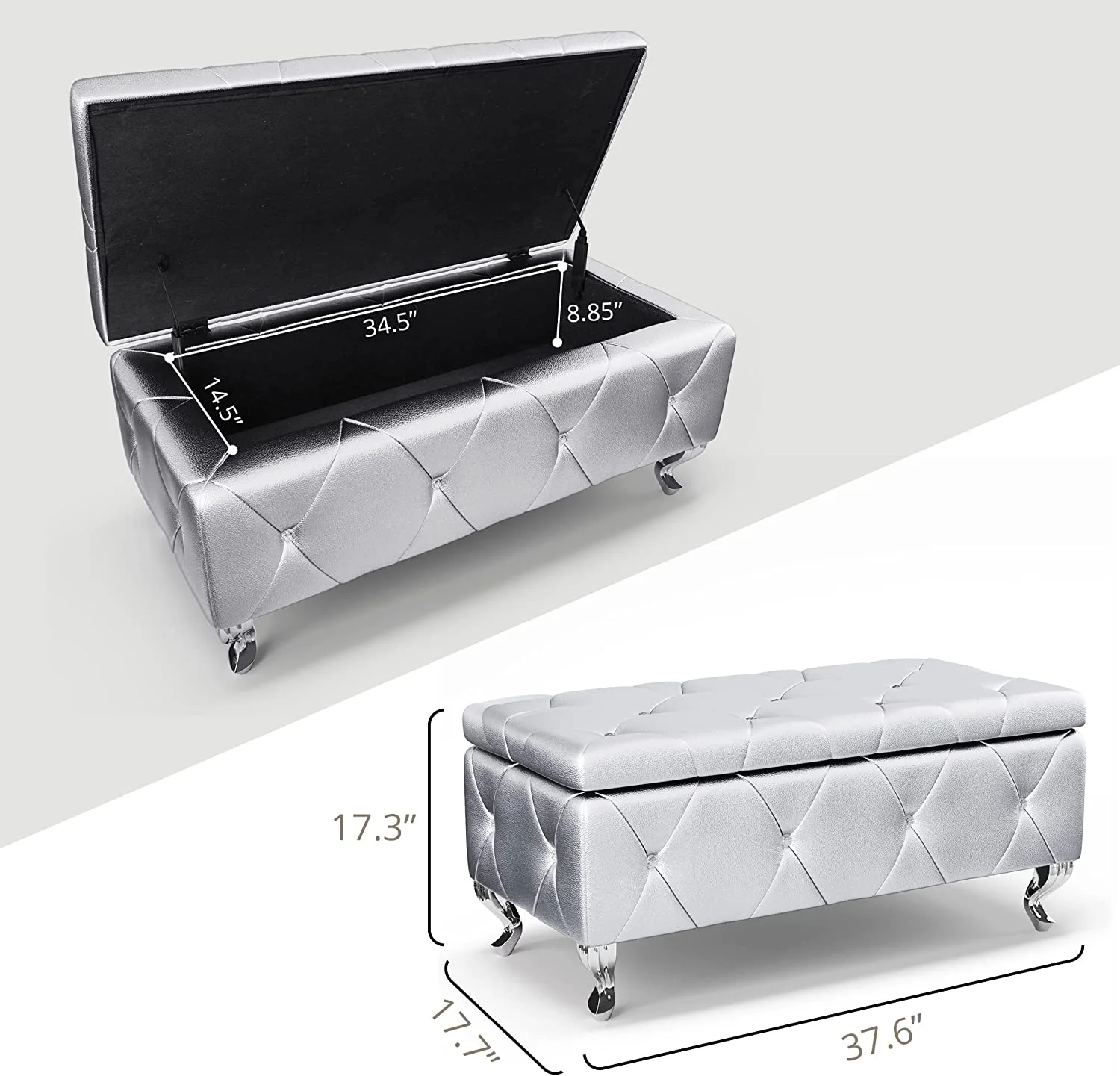 Storage Ottoman Bench, 38'' Upholstered Silver Faux Leather Ottoman with Crystal Tufted Button, Flip Top Foot Rest, End of Bed Bench Seat for Bedroom, Living Room, Vanity, 350LBS