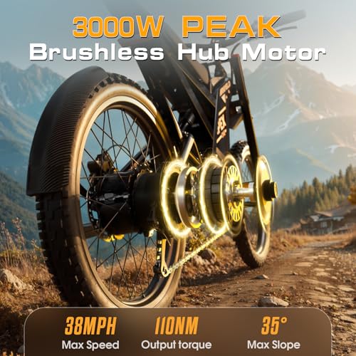 Electric-Dirt-Bike for Adults-Mountain-Motorcycle with 1440Wh Battery 30AH, Max 40 MPH and 80Miles Range E-Bike, Peak 3000W Brushless Motor, 25Inch Fat Tire and Front Fork Suspension