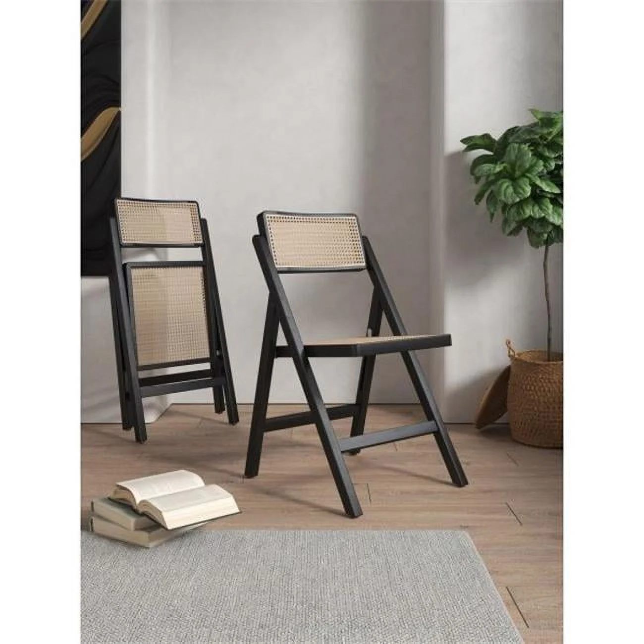 Pullman Folding Dining Chair, Black & Natural Cane - Set of 4