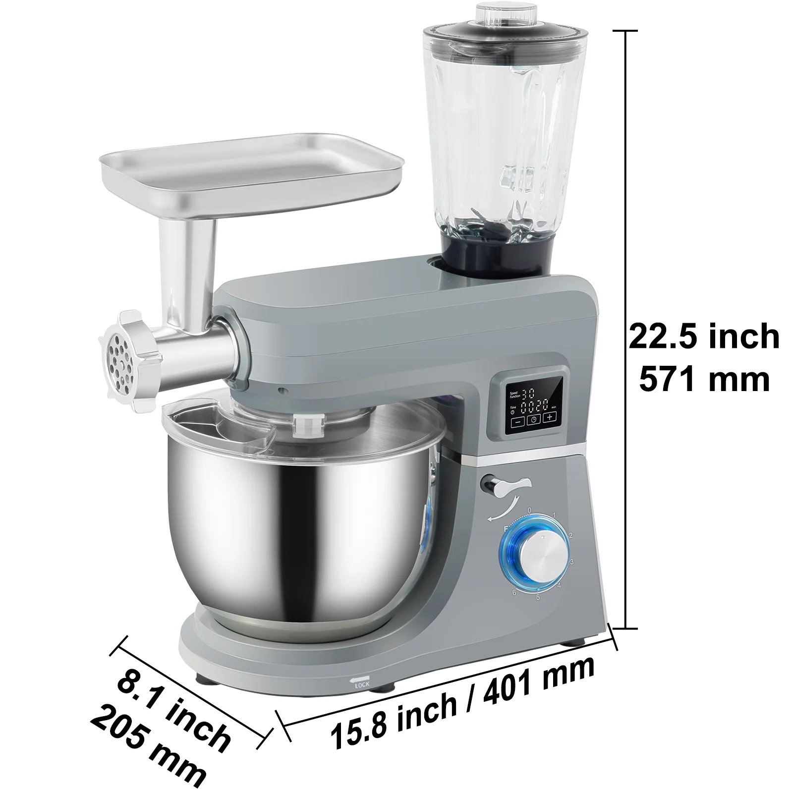 BENTISM Stand Mixer 7.4Qt LCD Screen Timing 6-Speed Dough Mixer w/ Grinder Juicer