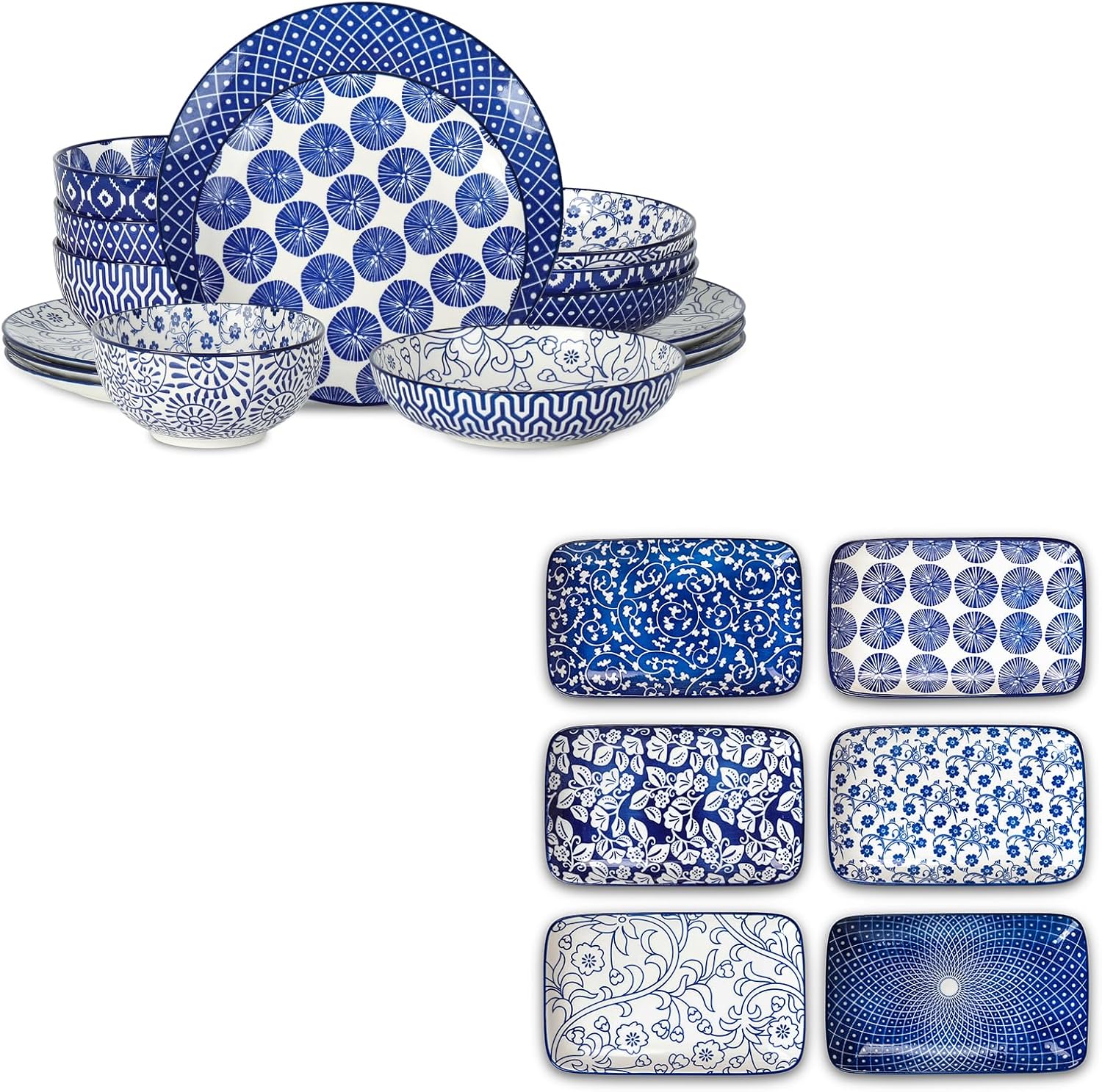 Selamica Ceramic 16 Pieces Dinnerware Set for 4 + 8 Inch Rectangular Salad Plates, Vintage Blue