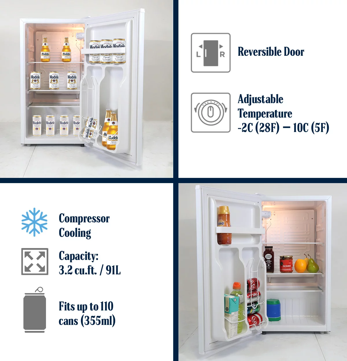 Modelo Compact Fridge with Bottle Opener, 90 L/ 95 Quart 3.2 Cubic Foot for Snacks, Beverages, Juice, Beer, Den, Dorm, Office, Games Room, or RV