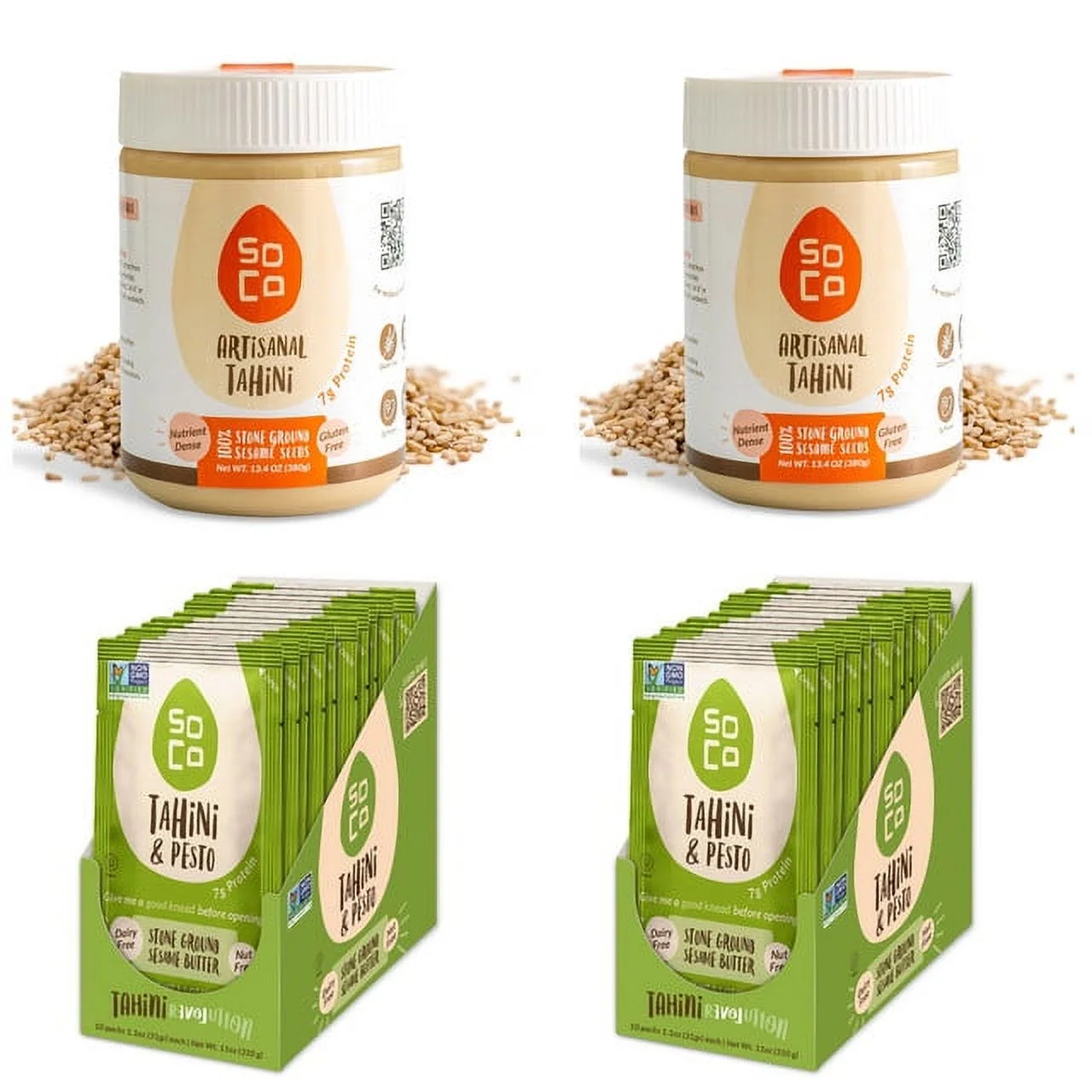 SoCo 2 x Artisanal Tahini Jars each of (380 Grams ) with combo 2 x Tahini & Pesto Squeeze Packs each (Box of 10) Gluten-Free, Sugar-Free