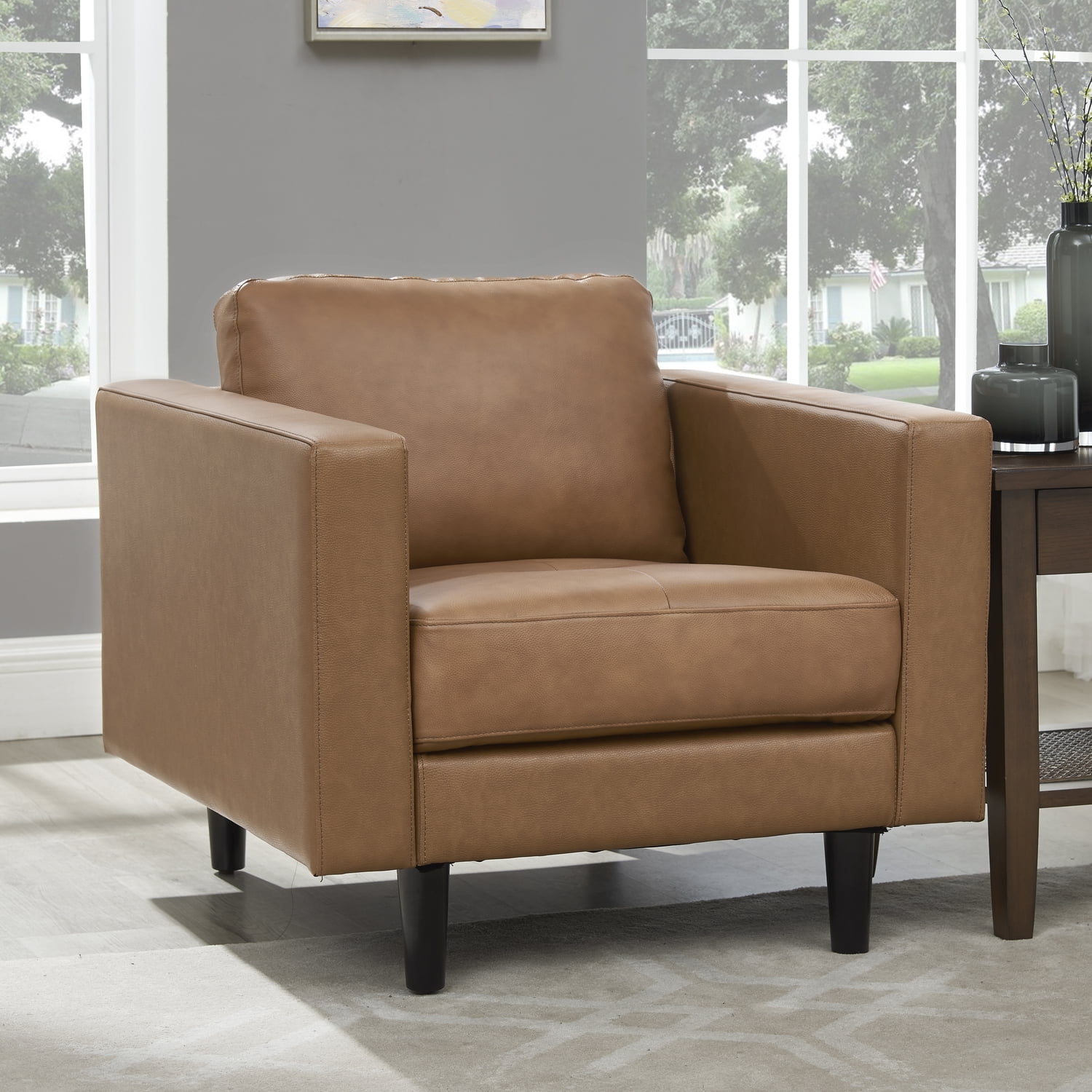 Naomi Home Marisa Top Grain Genuine Leather Mid-Century Sofa Set of 2-Color: Tan, Set: Chair/Sofa