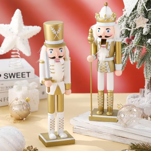 Huwena 2Pcs Christmas Nutcracker Figure Decorations 12'' Traditional Painted Wooden Nutcracker Soldier Figure Decor Holiday Festive Party Gift for Xmas Home Office Mantel Table Decor(Spear and Sword)