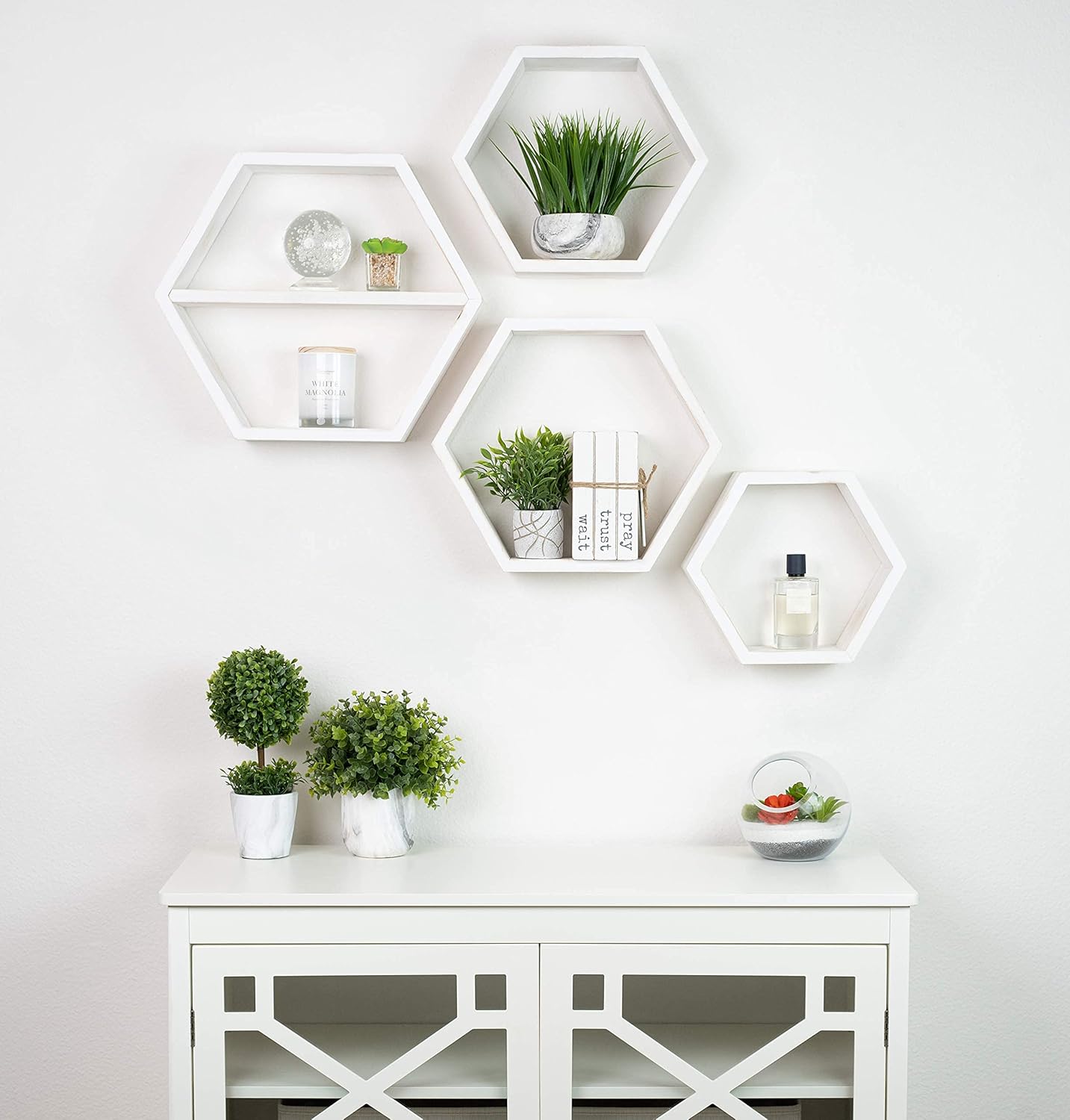 Extra Large Hexagon Floating Shelves Set of 4 - Honeycomb Shelves - Octagon Shelves Rustic White - Wall Shelves Honeycomb Decor - Wooden Honey Comb Hexagon Shelf for Wall - Geometric Hexagonal Shelves