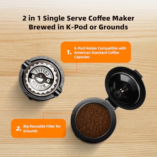 Mini Single Serve Coffee Maker for K Cup and Ground Coffee, Fast Brew One Cup Coffee Machine with Descaling Reminder and Water Window, 6 to 12 oz. Brew Sizes, Black