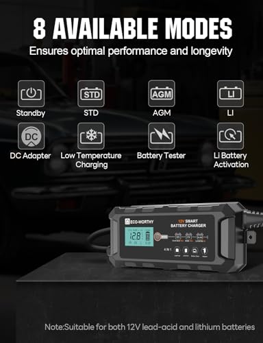 ECO-WORTHY 10A Lifepo4 Battery Charger 12V, Smart Car Battery Charger Automotive Battery Maintainer, Trickle Charger and Desulfator for Lead Acid Motorcycle Marine Boat