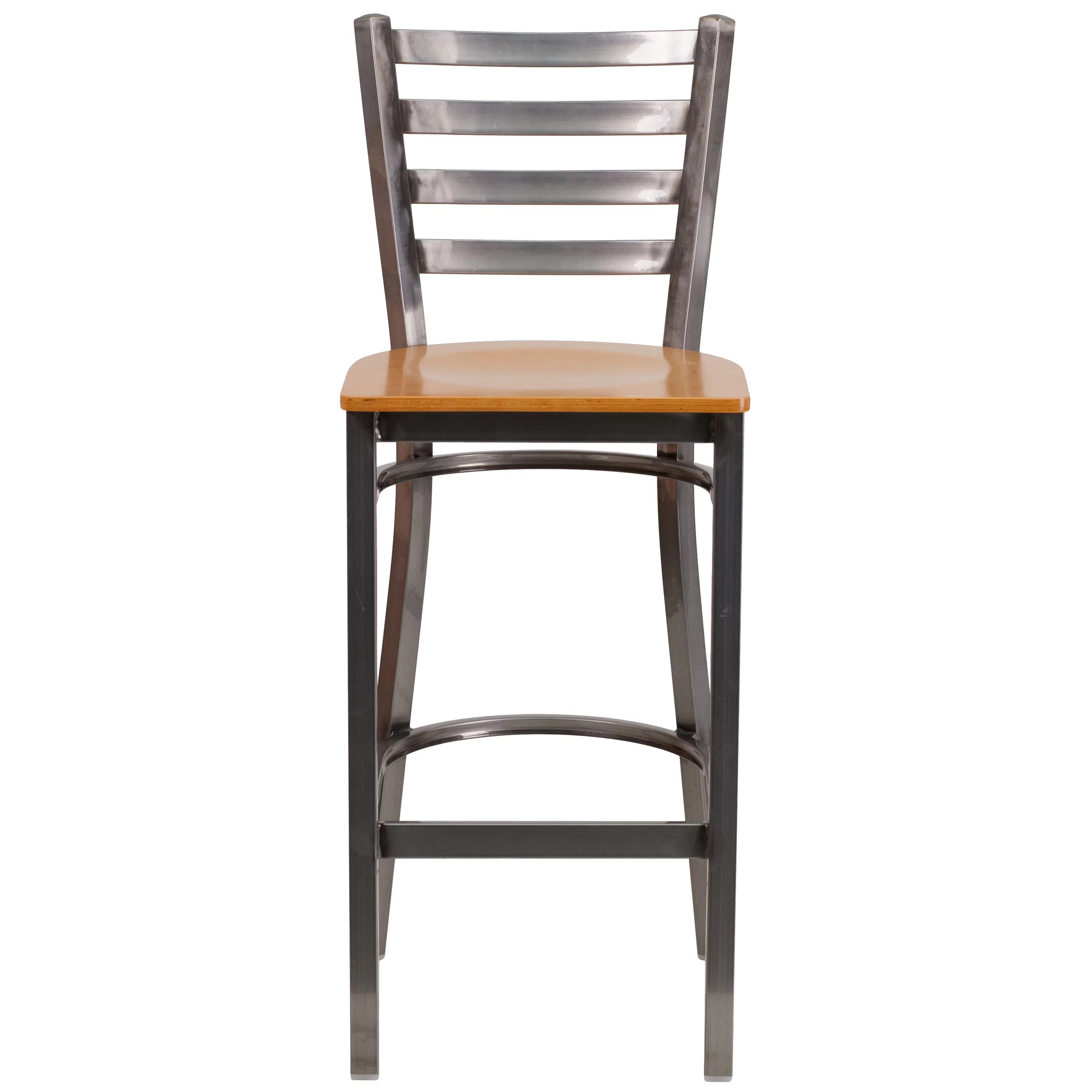 Flash Furniture HERCULES Series Clear Coated Ladder Back Metal Restaurant Barstool - Natural Wood Seat