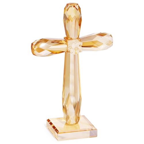 YWHL Crystal Standing Cross Decor, Religious Gifts for Women Men, Handmade Glass Holy Cross Collectible Figurines for Home Decoration, Easter Christmas Decoration for Pary
