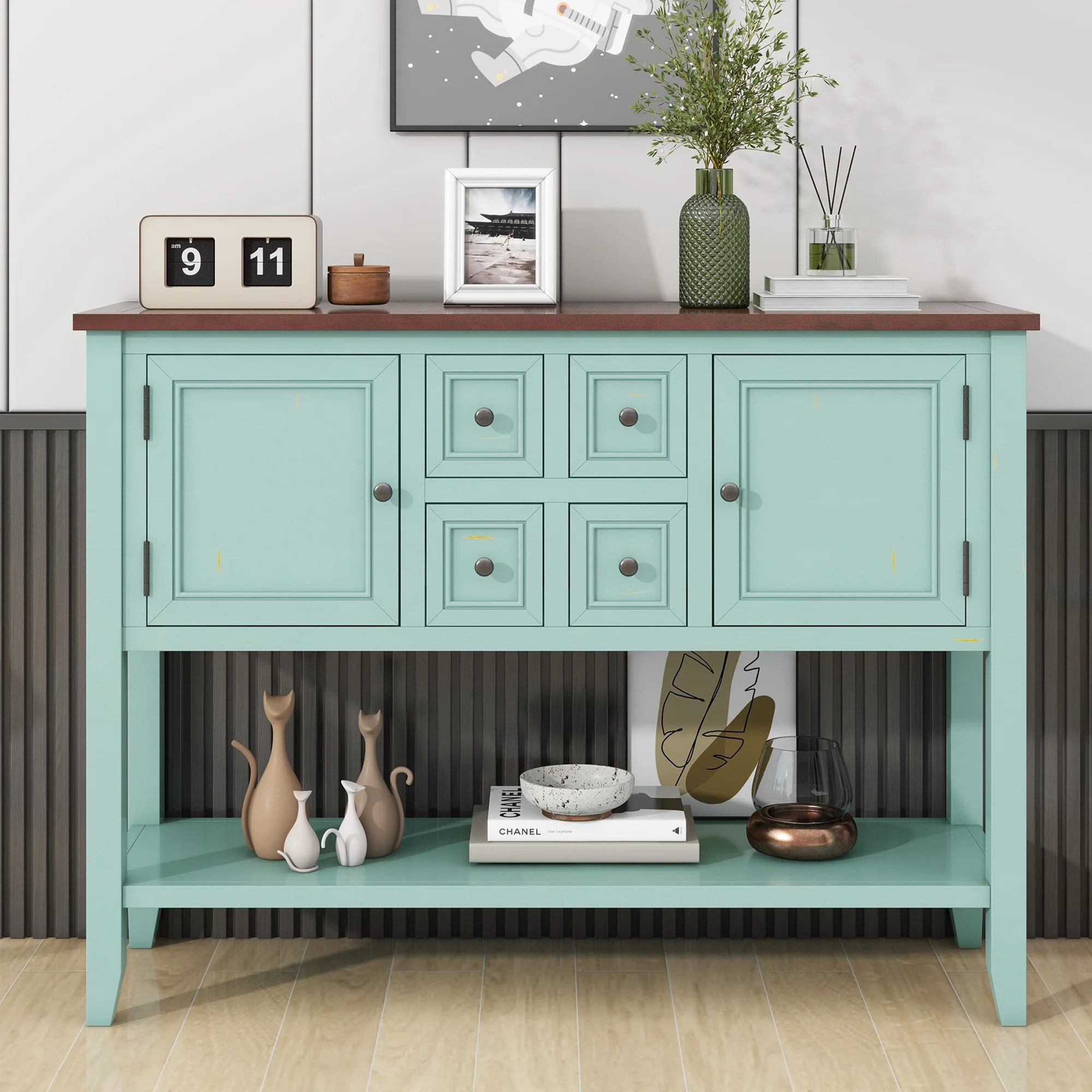 Cambridge Series Vintage Console Table with Ample Storage For Small Drawers and Bottom Shelf for Entryway Console Table for Living Rooms, Entrances, Kitchens-Retro Blue
