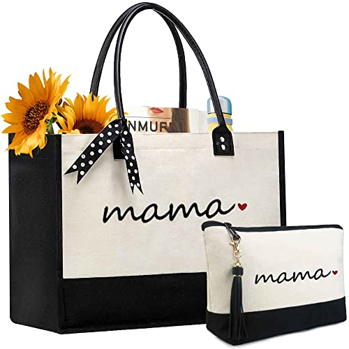 BeeGreen Mother's Day Gifts Personalized Women's Large White and Black Canvas Tote Bag, Embroidered Initials, Leather Handle, Zipper Closure
