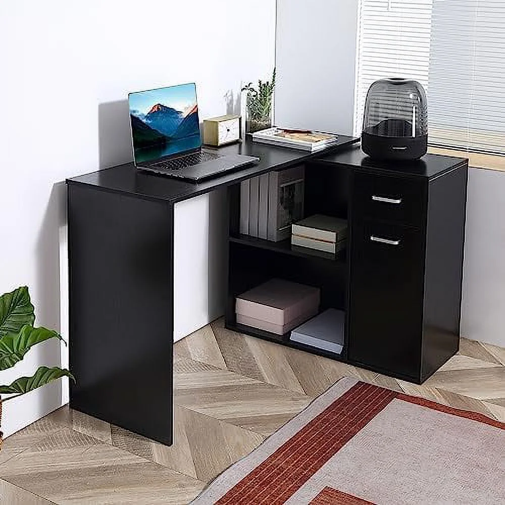 CCBIUOMBO L Shaped Computer Desk  180° Rotating Corner Desk with  Shelves  Drawer and Cabinet  Study Workstation for Home Office  White