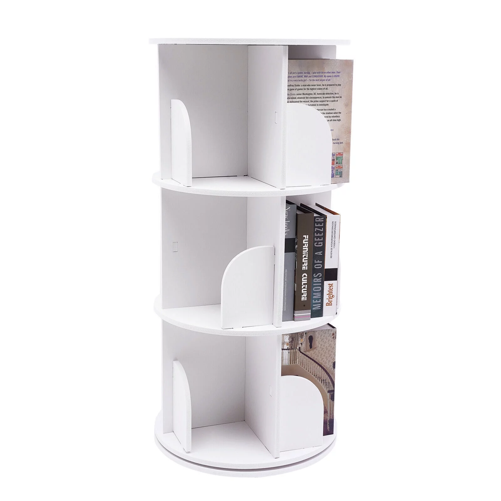 3 Tiers 360° Rotating Stackable Shelves Bookshelf Organizer White Modern